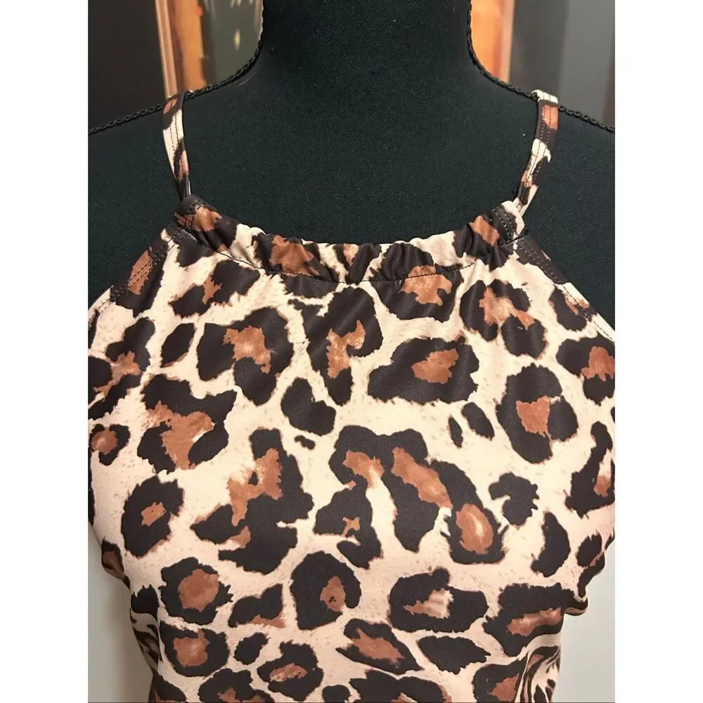 Tempt Me Leopard Print Tankini Swim Top ONLY Size L High Neck Ruched Tummy Contr - Picture 2 of 10